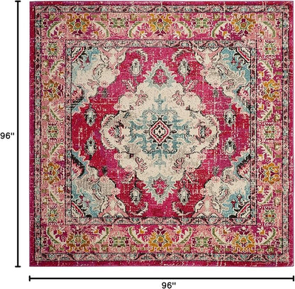 SAFAVIEH Monaco Collection Area Rug - 8' Square, Pink & Multi, Boho Chic Medallion Distressed Design, Non-Shedding & Easy Care, Ideal for High Traffic Areas in Living Room, Bedroom (MNC243D)
