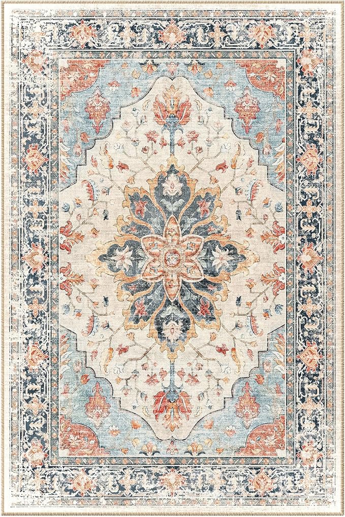 Area Rugs 3'x9' Washable Non-Slip, Floral Vintage Distress Print Pattern Medallion Carpet for Living Room Bedroom Dining Room, Beige Navy Blue Orange Colorful