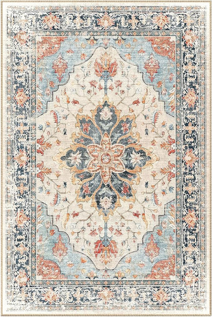 Area Rugs 3'x9' Washable Non-Slip, Floral Vintage Distress Print Pattern Medallion Carpet for Living Room Bedroom Dining Room, Beige Navy Blue Orange Colorful