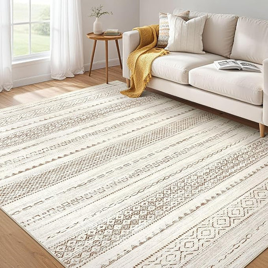 Nakagishi 6x8 Area Rug Living Room: Washable Boho Large Neutral Modern Soft Farmhouse Rugs Stain Resistant Indoor Floor Non-Slip Carpet for Bedroom Nursery Kids Playroom Office Dining Room- Brown