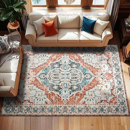 YJ.GWL Area Rugs for Living Room 8x10 Machine Washable Rugs, Non Slip Floral Vintage Rug Indoor Carpet, Stain Resistant Large Rug for Bedroom Dining Room, Copper Tan