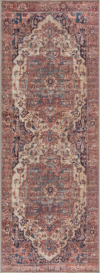 Bloom Rugs Washable 10 ft Runner - Beige/Terracotta Traditional Runner for Entryway, Hallway, Bathroom, and Kitchen - Exact Size: 2.5' x 10'