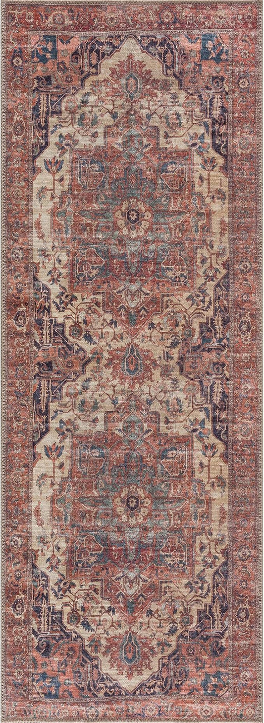 Bloom Rugs Washable 10 ft Runner - Beige/Terracotta Traditional Runner for Entryway, Hallway, Bathroom, and Kitchen - Exact Size: 2.5' x 10'