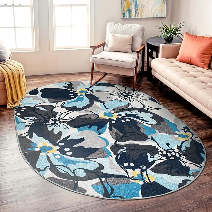 Rugshop Gray Large Floral Non-Slip Area Rug Fade Resistant for Living Room, Dining Room and Bedroom, 5' x 7' Oval