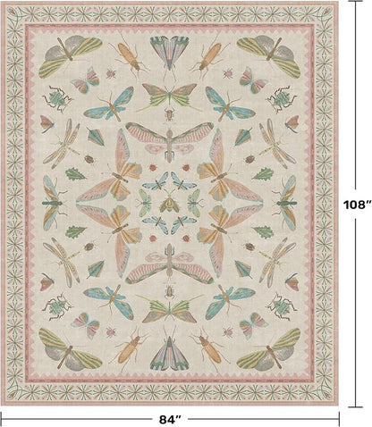 7x9 Cute Insect Rugs for Girls Bedroom - Pink and Blue Washable Floral Living Room Rugs, Dining Room Under Table, Insect Print Whimsical Indoor Décor, Low Pile & Soft