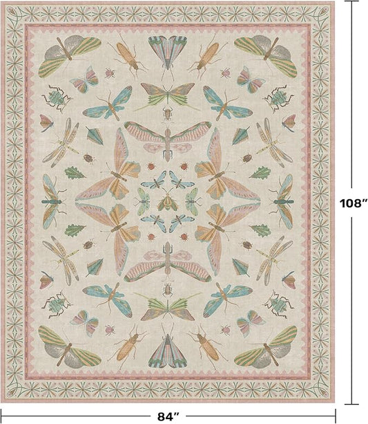 7x9 Cute Insect Rugs for Girls Bedroom - Pink and Blue Washable Floral Living Room Rugs, Dining Room Under Table, Insect Print Whimsical Indoor Décor, Low Pile & Soft