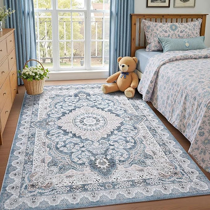 6x9 Area Rug for Bedroom, Machine Washable Rugs with Non-Slip Backing for Living Room, Large Vintage Carpet Kitchen Laundry Kids Room Decor, Blue & Beige