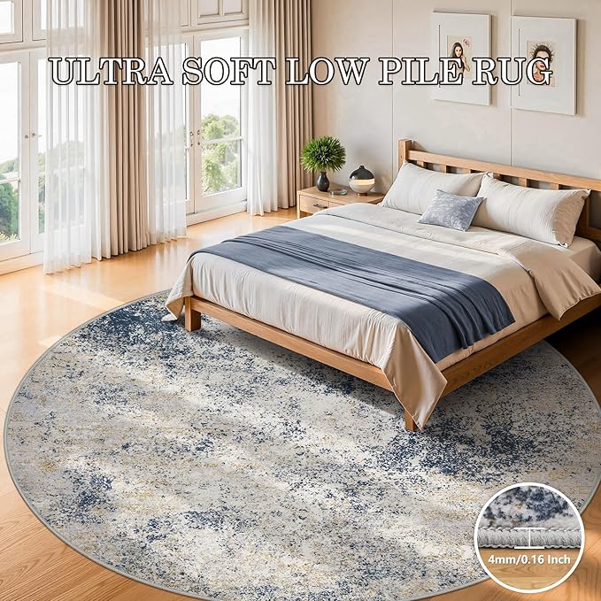 8ft Washable Round Rug - 8x8 Area Rugs Modern Abstract Rugs for Living Room Non-Slip Low Pile Soft Machine Washable Carpet for Bedroom, Living Room, Dining Room, Nursery, Farmhouse (8'x8' Beige Blue)
