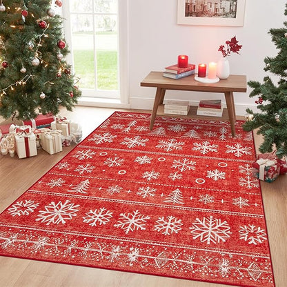 Area Rug 4x6 Christmas Rugs, Machine Washable Boho Christmas Tree Snowflake Rug Non-Slip Soft Low Pile Holiday Indoor Rugs for Bedroom Kitchen Dining Room Office(Xmas Red, 4'x6')