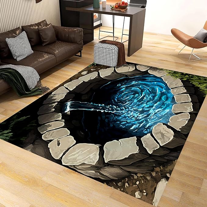 3D Well Waterfall Bedroom Carpet, 3x4ft, Visual Illusion Deep Hole Entrance Rug, Huge Stone Cracks Non-Slip Rugs, Cozy Breathable with Non Slip Backing Mat for Indoor Bedside