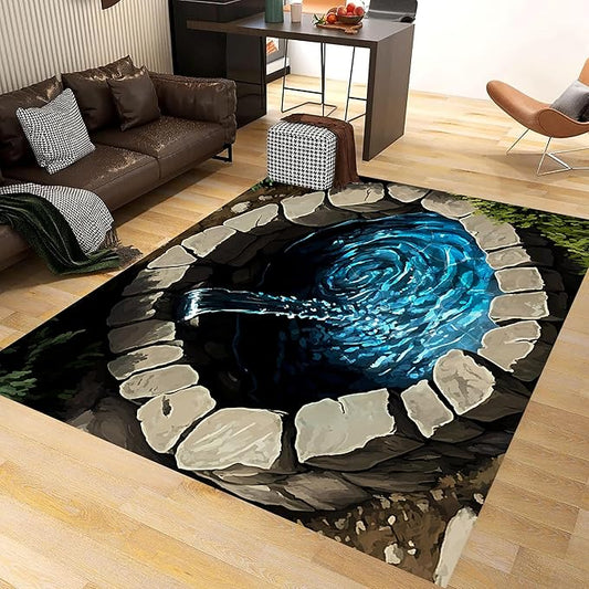 3D Well Waterfall Bedroom Carpet, 6x9ft, Visual Illusion Deep Hole Entrance Rug, Huge Stone Cracks Non-Slip Rugs, Cozy Breathable with Non Slip Backing Mat for Indoor Bedside