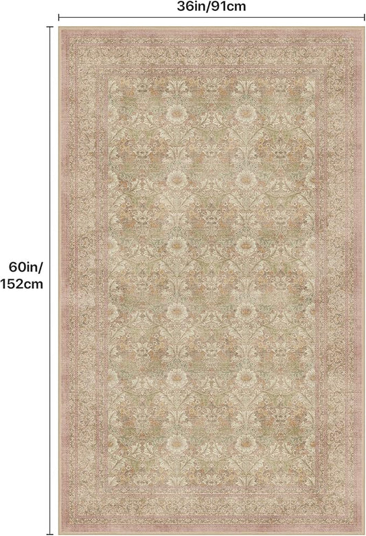 Bavni 3x5 Vintage Floral Rug, Washable Non Slip Area Rug for Entryway, Bedroom, Kitchen or Living Room, Low Pile Carpet, Brown Pink
