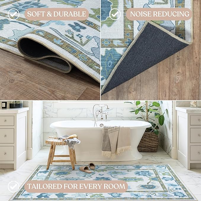Fame Living Green Oushak Rug, Vintage Turkish Eclectic Floral Pastel Large Oversized Area Rugs for Living Room Dining Bedroom Kitchen Bathroom (55 CGRN, 2'5'' x 6'6)