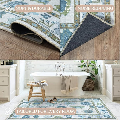 Fame Living Green Oushak Rug, Vintage Turkish Eclectic Floral Pastel Large Oversized Area Rugs for Living Room Dining Bedroom Kitchen Bathroom (55 CGRN, 2'5'' x 6'6)