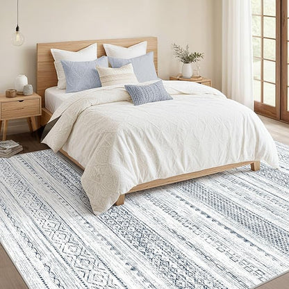 Nakagishi 6x9 Area Rugs Living Room: Washable Boho Large Neutral Soft Farmhouse Rug Stain Resistant Modern Indoor Floor Non-Slip Carpet for Bedroom Nursery Playroom Office Dining Room Dorm-White Blue