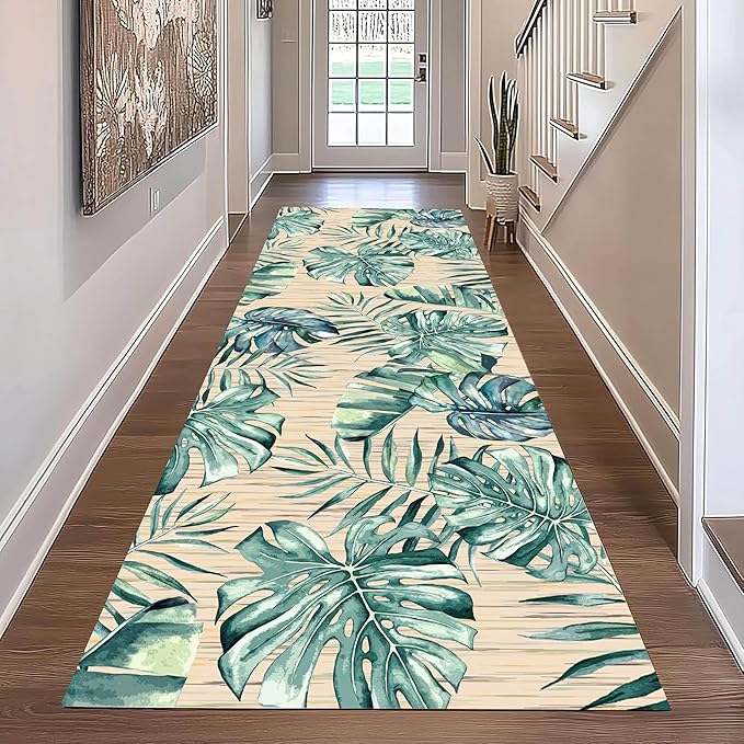 Tropical Palm Leaf Runner Rug 4x12 ft - Green Plant Pattern Non-Slip Rug, Stain Resistant Easy Clean for Hallway, Living Room, Bedroom Floor Mat