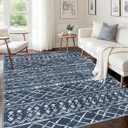 KUTA Area Rug 5x7 Navy Blue, Washable Boho Large Living Room Moroccan Rugs Non-Slip, Ultra Soft Geometric Traditional Farmhouse Carpet for Dining Room Bedroom Dorm Office Home Décor