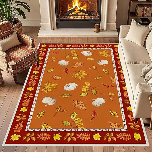 Fallen Leaves Carpet for Kitchen, 4x6ft, Autumn Pumpkins with Leave Orange Area Rug, Indoor Ultra-Thin Foldable Machine Washable Fun Pumpkin Bath Mat for Home Office Relax Room