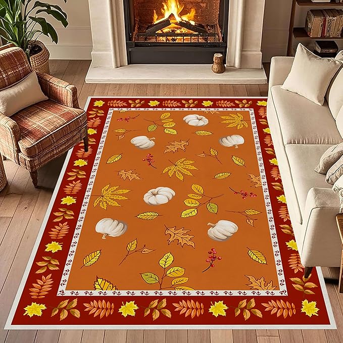 Fallen Leaves Carpet for Kitchen, 3x5ft, Autumn Pumpkins with Leave Orange Area Rug, Indoor Ultra-Thin Foldable Machine Washable Fun Pumpkin Bath Mat for Home Office Relax Room
