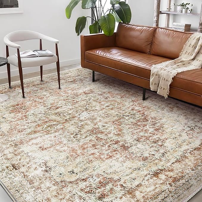 Washable Area Rug 10'x14' Boho Design Non-Shedding Easy Care Ideal for High Traffic Areas in Living Room Bedroom Office Coffee Table Kitchen Large Carpet