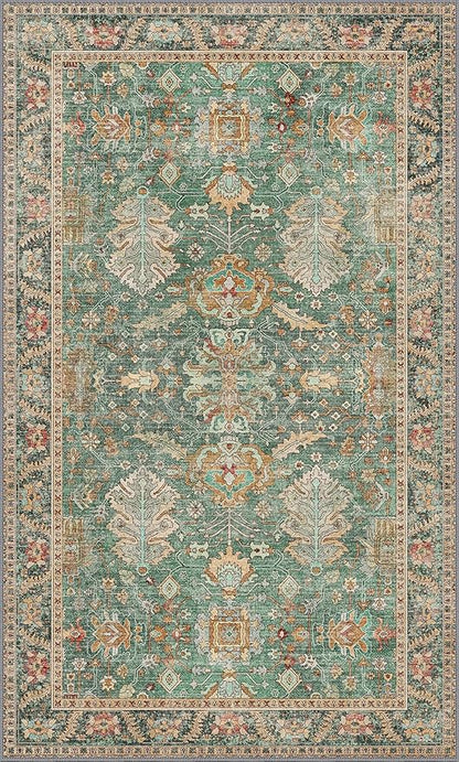 3x5 Rug Washable Small Area Rug Non Slip for Entryway Bedroom Bathroom Kitchen, Boho Green Rug, Thin Low Pile Foldable Carpet, Vintage Farmhouse, Dark Sage/Gold