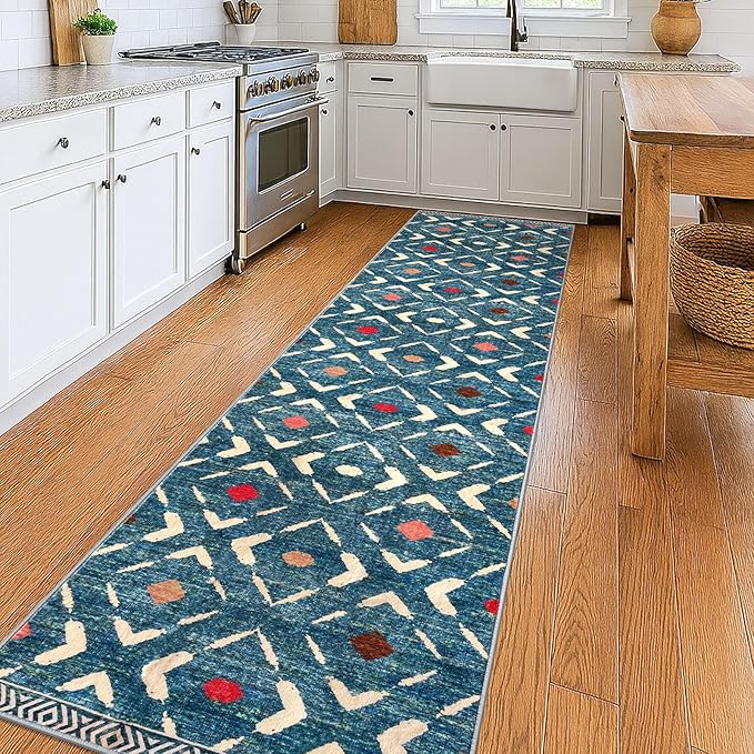 KILOCOCO Hallway Runner Rug 3x10 Runners for Hallways Washable Runner Soft Non Slip Printed Geometric Rubber Backed Low-Pile Rug Runners for Bedroom Kitchen Living Room Boho Rugs, Teal/Blue