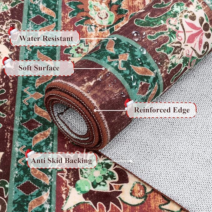 U'Artlines Boho Vintage Area Rug 3x5 Machine Washable Low Pile Ultra-Thin Soft Floor Carpet Non Slip Non Shedding Accent Rug for Living Room Bedroom Entryway Dining Room Office Rust＆Teal
