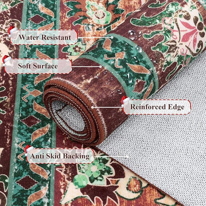U'Artlines Boho Vintage Area Rug 3x5 Machine Washable Low Pile Ultra-Thin Soft Floor Carpet Non Slip Non Shedding Accent Rug for Living Room Bedroom Entryway Dining Room Office Rust＆Teal