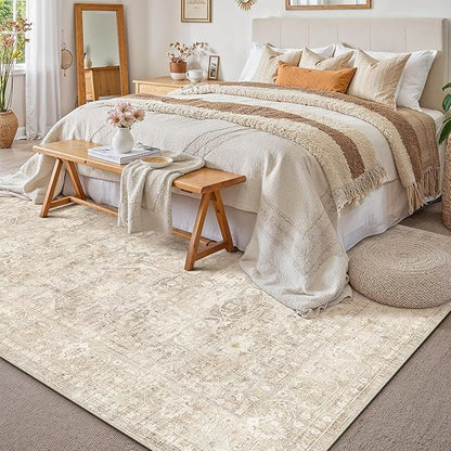 8x10 Beige Washable Area Rug for Living Room Bedroom Neutral Soft Non Slip Rug Low Pile Vintage Distressed Carpet for Dining Room Nursery Office Indoor