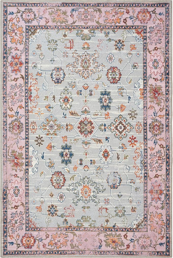 GLN Rugs Traditional Collection - Machine Washable Area Rug, Traditional Washable, Non Slip, Low Pile Chenille Rug, Living Room, Bedroom, Kitchen Rug (8' x 10' Pink/Blue/Multicolor)