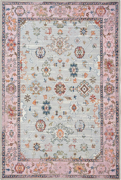 GLN Rugs Traditional Collection - Machine Washable Area Rug, Traditional Washable, Non Slip, Low Pile Chenille Rug, Living Room, Bedroom, Kitchen Rug (6' x 9' Pink/Blue/Multicolor)