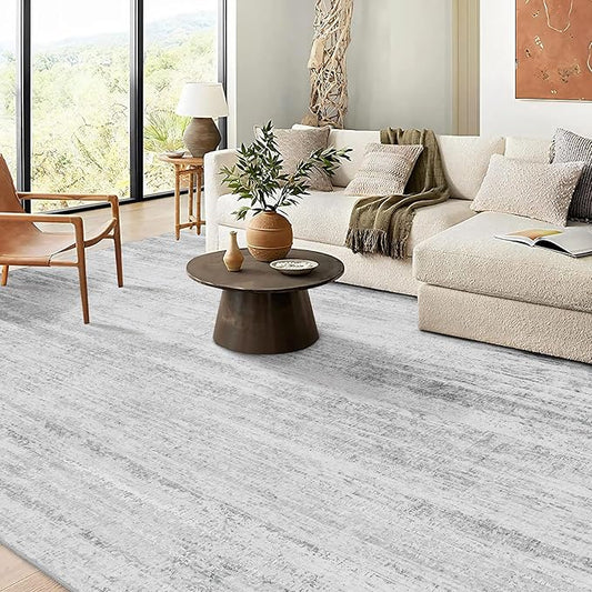 MUJOO 9x12 Area Rug,Washable Rugs for Living Room Bedroom Dining Room,Modern Abstract Large Non Slip Throw Carpet Indoor,Low Pile Accent Neutral Grey