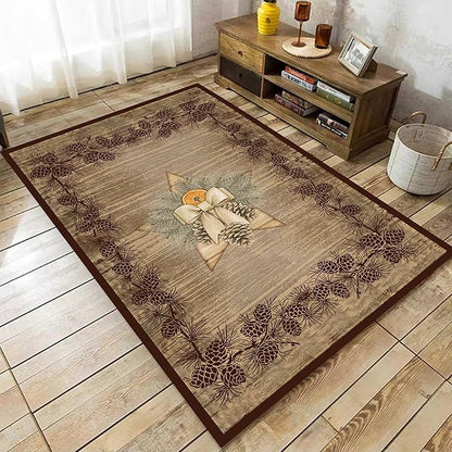 Vintage Pine Cone Area Rug 6x8ft Rustic Lodge Wooded Pine Cone Area Rug Wood Grain Star Leaf Distressed Indoor Non-Slip Washable Carpet for Dormitory Study Room Fireplace Office
