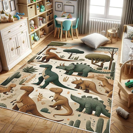 Ambesonne Dinosaur Decorative Rug, Jurassic Scenario Cartoon Animals in Wilderness Cloudy Sunrise Back, Quality Carpet for Bedroom Dorm and Living Room, 2' 2" x 3' 7", Ginger Olive Green Salmon