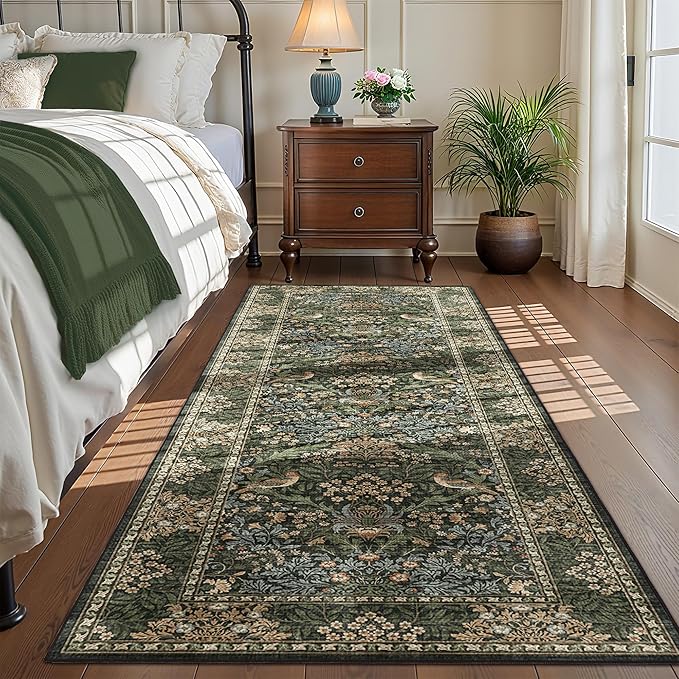 2.6x8 Floral Washable Area Rug Soft Runner Rugs for Kitchen, Vintage Boho Hallway Rug for Bedroom Dining Room, Botanical Birds Non Slip Low Pile Throw Carpet, Retro Gold/Green