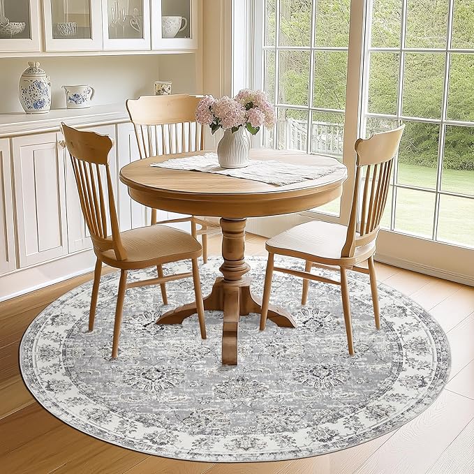 jinchan Fiora Round Rug 6ft Area Rugs Vintage Floral Distressed Design - Machine Washable Non-Slip Low-Pile Ultra-Thin Circle Rug for Entryway Bedside Living Room Dining Room Bedroom (6' Round, Grey)