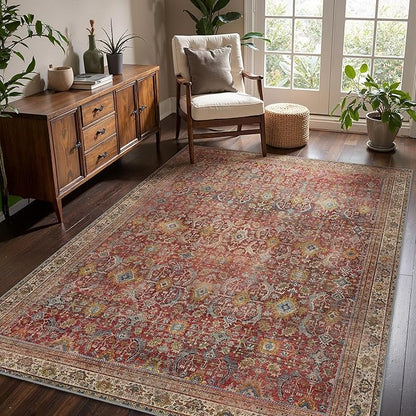 6x9 Area Rug Machine Washable Boho Rug for Living Room,Ultra-Thin Low Pile Carpet,Lightweight Indoor Printed Rug,Non Slip Floral Area Rug for Bedroom, Dining Room, Home Office,Burgundy Red
