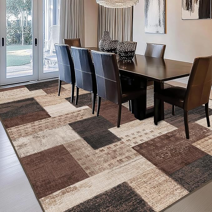 Modern Geometric Patchwork Indoor Area Rug for Living Room, Chocolate 4'x 6' Large Rug Rockwood Collection Hardwood Floors Decor for Bedroom, Brown Throw Carpet for Office Entryway Dining Room