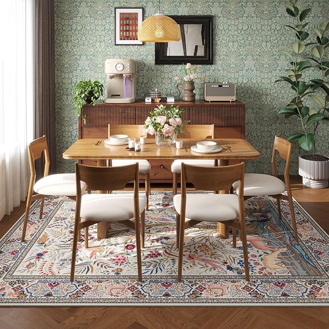 Rugcomf Area Rugs 5x7 Vibrant Tree of Life-Patterned Vintage Washable Area Rug Non Slip Low Pile Large Rugs for Living Room Bedroom Farmhouse Dining Room Kids Playroom, Beige