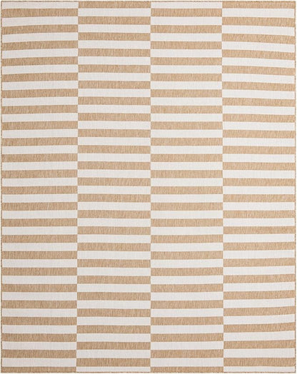 Unique Loom Outdoor Striped Collection Area Rug - Striped (7' 10" x 10' Rectangle Taupe/Ivory)