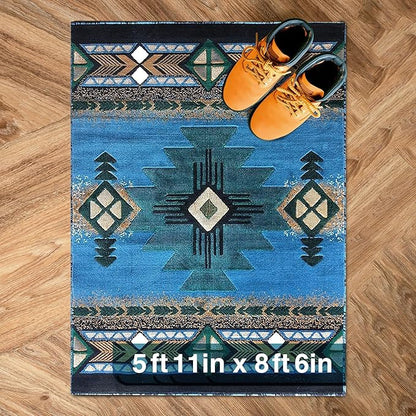 YHSF South West Native American Area Rug C318 - Easy Clean, Thick, Soft, Durable Native Tribal American Indian Inspired Rug for Bedroom/Living Room and More - Blue-Green, 5 ft 11 in x 8 ft 6 in