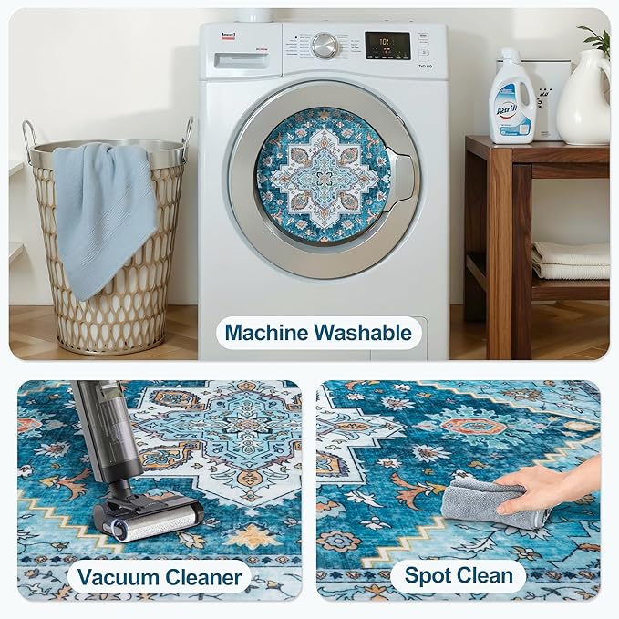 Tangsoo Blue 4x6 Area Rug, Vintage Washable Non Slip Indoor Rugs, Oriental Machine Washable Rug Carpet, Soft Low Pile Foldable Floor Rugs for Dining Room Bedroom Living Room Home Decor