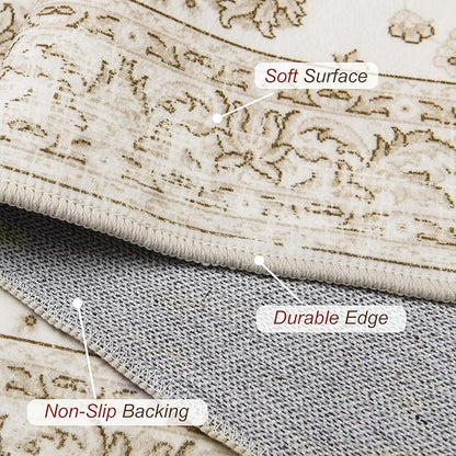 XWZO Washable Hallway Runner Rug 2x8ft — Non-Slip Low Pile Area Rug with Rubber Backing, Spill Resistant Soft Vintage Floor Carpet Runner for Kitchen Entryway Doorway Bedroom Corridor, Beige
