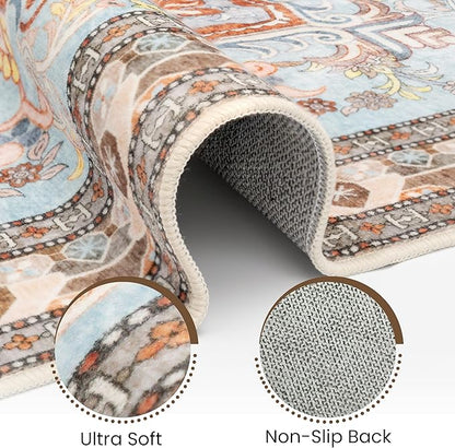 Washable Runner Rug 2.5x8 | Non Slip Rug Runners for Hallways, Entryways, Kitchens, Bathrooms, Bedrooms | Ultra-Soft Flannel Carpet Runners with Rubber Backing (Light Teal/Rust, 2.5x8)