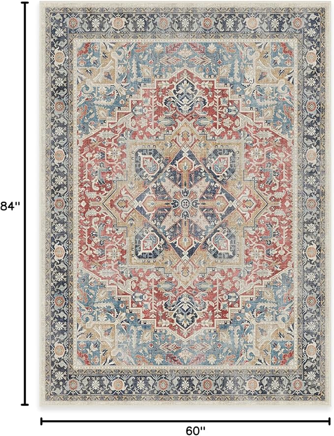 RUGGABLE Washable Vintage Area Rug – Kamran Cayenne Red 5x7, Stain-Resistant, Non-Slip – Medium Machine Washable Rugs for Living Room, Bedroom, Hallway, Entryway & Office–with Standard Pad