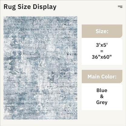 3x5 Rug, Small Area for Kitchen, Entryway, Machine Washable Non-Slip Throw Rug, Vintage Carpet for Nursery Coffee Table Blue