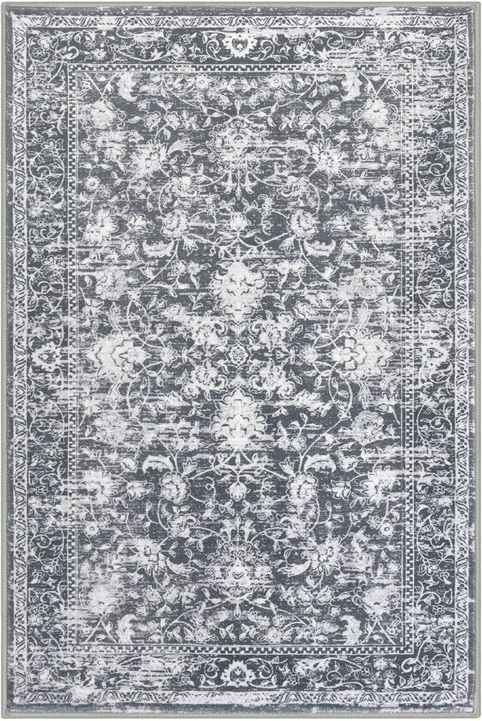 KILOCOCO Area Rug 4x6 Entryway Rug Washable Printed Vintage Floral Rubber Backed Non Slip Indoor Kitchen Rugs for Laundry Room Playroom Bedroom Living Room Moroccan Area Rugs, Grey