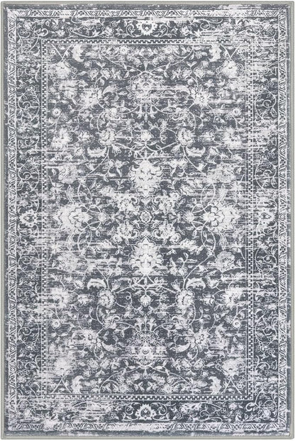 KILOCOCO Area Rug 4x6 Entryway Rug Washable Printed Vintage Floral Rubber Backed Non Slip Indoor Kitchen Rugs for Laundry Room Playroom Bedroom Living Room Moroccan Area Rugs, Grey