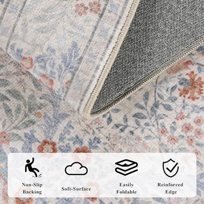 9x12 Floral Washable Area Rugs for Living Room, Vintage Boho Large Rug for Bedroom Dining Room， Distressed Botanical Birds Non Slip Low Pile Forest Animal Throw Carpet for Farmhouse Office, Beige Blue