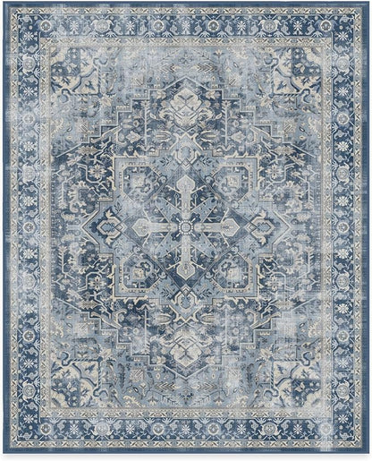 RUGGABLE Washable Vintage Area Rug – Kamran Admiral Blue 8x10, Stain-Resistant, Non-Slip – Large Machine Washable Rugs for Living Room, Bedroom, Hallway, Entryway & Office–with Standard Pad